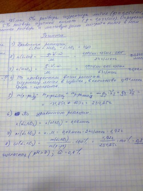 Смешали 125 мл 5%-го раствора гидроксида лития (p=1, 05 г/мл) и 100 мл 5 % раствора азотной кислоты(