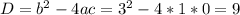 D=b^2-4ac=3^2-4*1*0=9