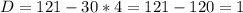 D=121-30*4=121-120=1