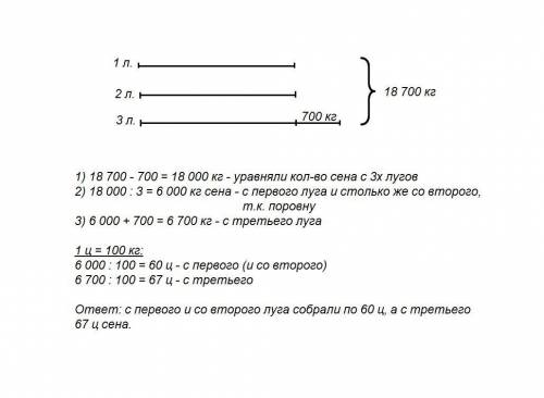 Стрёх лугов собрали 18700 кг сена.с первого и со второго собрали сена поровну,а с третьего - на 700