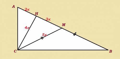 Впрямоугольном треугольнике авс с гипотенузой ав проведена медиана см и высота сн, причем точка н ле