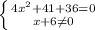 \left \{ {{4 x^{2}+41+36=0 } \atop {x+6 \neq 0}} \right.