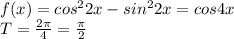 f(x)=cos^22x-sin^22x=cos4x\\T=\frac{2\pi }&#10;{4}=\frac{\pi}{2}