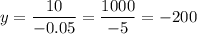 \displaystyle y=\frac{10}{-0.05}=\frac{1000}{-5}=-200