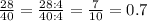 \frac{28}{40}=\frac{28:4}{40:4}=\frac{7}{10}=0.7