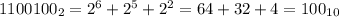 1100100_{2} = 2^{6}+2^{5}+2^{2}=64+32+4=100_{10}