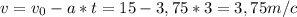 v=v_{0}-a*t = 15-3,75*3=3,75m/c