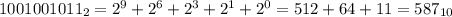 1001001011_{2} = 2^{9}+2^{6}+2^{3}+2^{1}+2^{0} = 512+64+11= 587_{10}