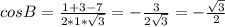 cosB= \frac{1+3-7}{2*1* \sqrt{3} }=- \frac{3}{2 \sqrt{3} }=- \frac{ \sqrt{3} }{2}