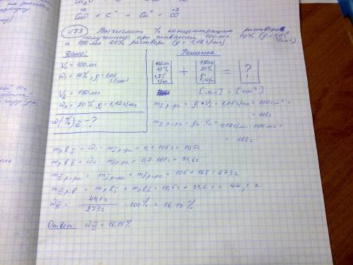 Вычислить процентную концентрацию раствора, полученного при сливании 100 мл 10%-го (ρ = 1,05 г/мл) и