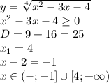 y= \sqrt[4]{x^2-3x-4} &#10;\\\&#10;x^2-3x -4\geq 0&#10;\\\&#10;D=9+16=25&#10;\\\&#10;x_1=4&#10;\\\&#10;x-2=-1&#10;\\\&#10;x\in(-\inty; -1]\cup[4;+\infty)