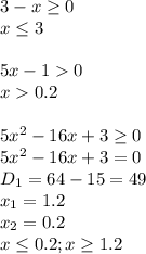 3-x \geq 0&#10;\\\&#10;x \leq 3&#10;\\\\&#10;5x-10&#10;\\\&#10;x0.2&#10;\\\\&#10;5 x^{2} -16x + 3 \geq 0 &#10;\\\&#10;5 x^{2} -16x + 3 =0 &#10;\\\&#10;D_1=64-15=49&#10;\\\&#10;x_1=1.2&#10;\\\&#10;x_2=0.2&#10;\\\&#10;x \leq 0.2; x \geq 1.2