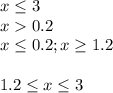 x \leq 3&#10;\\\&#10;x0.2&#10;\\\&#10;x \leq 0.2; x \geq 1.2&#10;\\\\&#10;1.2 \leq x \leq 3