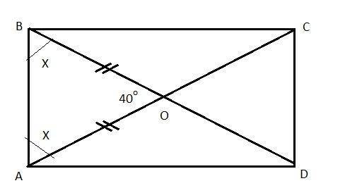 Диагонали ас и вд прямоугольника авсд пересекаются в точке о, угол аов равен 400. найдите угол вао