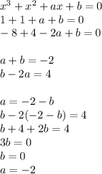 x^3+x^2+ax+b=0\\&#10;1+1+a+b=0\\&#10;-8+4-2a+b=0\\&#10;\\&#10;a+b=-2\\&#10;b-2a=4\\&#10;\\&#10;a=-2-b\\&#10;b-2(-2-b)=4\\&#10; b+4+2b=4\\&#10;3b=0\\&#10;b=0\\&#10;a=-2