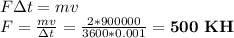 F\Delta t=mv\\&#10;F=\frac{mv}{\Delta t}=\frac{2*900000}{3600*0.001}=\bold{500\ KH}