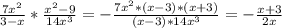 \frac{7x^{2}}{3-x}* \frac{x^{2}-9}{14x^{3}}=- \frac{7x^{2}*(x-3)*(x+3)}{(x-3)*14x^{3}}=- \frac{x+3}{2x}