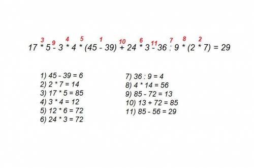 Реши примеры на порядок действий.-17умножить на 5-3умножить на 4умножеть в скобках 45-39не вскобках