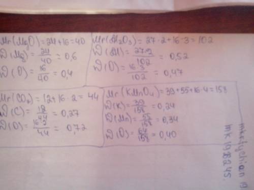 1)вычислите массовые доли каждого элемента в следующих соединениях : mgo; co2; al2o3; kmno4 2) возьм