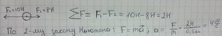 На тело массой 500 г действуют две силы, направленные в противоположные стороны: 10 н и 8 н. определ