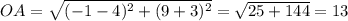 OA=\sqrt{(-1-4)^2+(9+3)^2}=\sqrt{25+144}=13