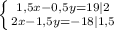 \left \{ {{1,5x-0,5y=19|2} \atop {2x-1,5y=-18|1,5}} \right.