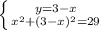 \left \{{{y= 3 - x } \atop { x^{2} + (3-x)^2=29} \right.