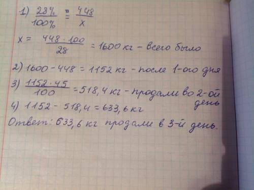 Вмагазин картофель окторый был продан за 3 дня в первый день продали 448 кг кортофеля,что составило