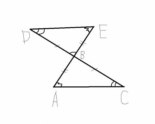 Отрезки ae и dc пересекаются в точке b, являющейся серединой каждого из них. а)докажите,что треуголь