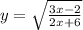 y= \sqrt{ \frac{3x-2}{2x+6} }