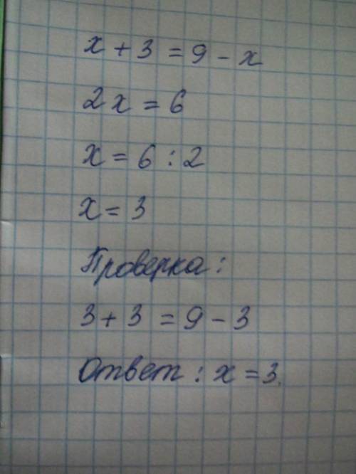 Угадайте корень уравнения x+3=9-x и сделайте проверку