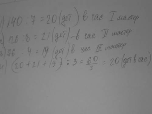Вмастерской работали 4 мастера.мастер петров за 7 часов изготовил 140 деталей мастер дементьев за 6