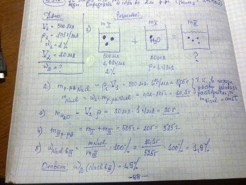К500 мг 2% раствора поваренной соли (p=1,01г/мл)добавили 20мл воды.определите массовую долю соли в п