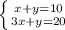 \left \{ {{x+y=10} \atop {3x+y=20}} \right.