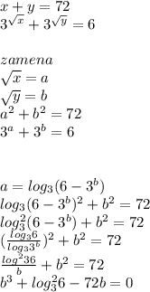 x+y=72\\ &#10; 3^{\sqrt{x}}+3^{\sqrt{y}}=6\\&#10;\\&#10;zamena\\&#10;\sqrt{x}=a\\&#10;\sqrt{y}=b\\&#10;a^2+b^2=72\\&#10;3^{a}+3^{b} = 6\\&#10;\\&#10;\\&#10;a= log_{3}(6-3^b)\\&#10;log_{3}(6-3^b)^2+b^2=72\\&#10;log^2_{3}(6-3^b)+b^2=72\\&#10;(\frac{log_{3}6}{log_{3}3^b})^2+b^2=72 \\&#10; \frac{log^2{3}6}{b}+b^2=72\\&#10; b^3+log^2_{3}6-72b=0