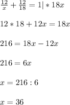 \frac{12}{x} + \frac{12}{18} =1|*18x\\\\12*18+12x=18x\\\\216=18x-12x\\\\216=6x\\\\x=216:6\\\\x=36