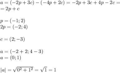 a=(-2p+3c)-(-4p+2c)=-2p+3c+4p-2c=\\=2p+c\\\\p=(-1;2)\\2p=(-2;4)\\\\c=(2;-3)\\\\a=(-2+2;4-3)\\a=(0;1)\\\\|a|= \sqrt{0^2+1^2}= \sqrt{1}=1