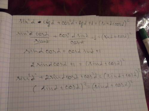 Sin^2a*ctga+cos^2a * tga + 1 = ( sina+cosa ) ^2