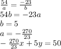 \frac{54}{a}=\frac{-23}{b}\\&#10;54b=-23a\\&#10;b=5\\&#10;a= - \frac{270}{23}\\&#10;-\frac{270}{23}x+5y=50&#10;