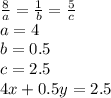 \frac{8}{a}=\frac{1}{b}=\frac{5}{c}\\&#10;a=4\\&#10;b=0.5\\&#10;c=2.5\\&#10;4x+0.5y=2.5