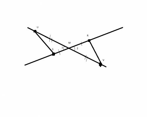 От точки м пересечения двух прямых на одной из них отложили два равных отрезка мr и мs, на другой -
