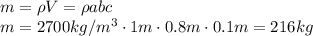 m=\rho V=\rho abc&#10;\\\&#10;m=2700kg/m^3\cdot1m\cdot0.8m\cdot0.1m=216kg