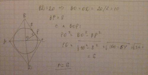Диагонали ромба авсд пересекаются в точке о. окружность с центром в точке о касается сторон ромба, а
