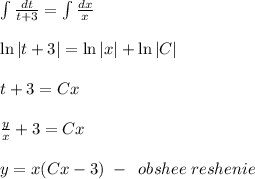 \int \frac{dt}{t+3}=\int \frac{dx}{x}\\\\\ln|t+3|=\ln|x|+\ln|C|\\\\t+3=Cx\\\\\frac{y}{x}+3=Cx\\\\y=x(Cx-3)\; -\; \; obshee\; reshenie