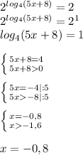 2^{log_{4}(5x+8)}=2\\2^{log_{4}(5x+8)}=2^1\\log_{4}(5x+8)=1\\\\ \left \{ {{5x+8=4} \atop {5x+80}} \right. \\\\ \left \{ {{5x=-4|:5} \atop {5x-8|:5}} \right. \\\\ \left \{ {{x=-0,8} \atop {x-1,6}} \right. \\\\x=-0,8