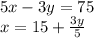 5x-3y=75\\&#10;x=15+\frac{3y}{5}