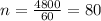 n= \frac{4800}{60}=80