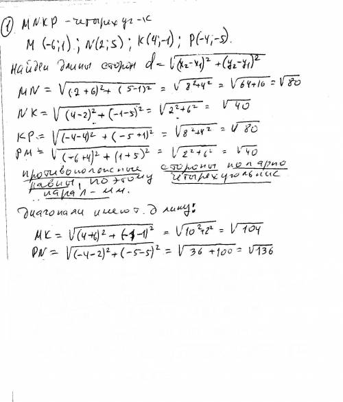 Четырёхугольник mnkp задан координатами своих вершин м(-6,1), n(2,4), к(4,-1), р(-4,-5). докажите, ч