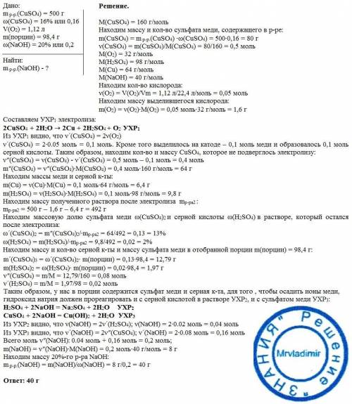 При проведении электролиза 500 г 16%-го раствора сульфата меди(ii) процесс прекратили, когда на анод