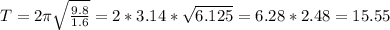 T=2\pi \sqrt{\frac{9.8}{1.6}}=2*3.14*\sqrt{6.125}=6.28*2.48=15.55